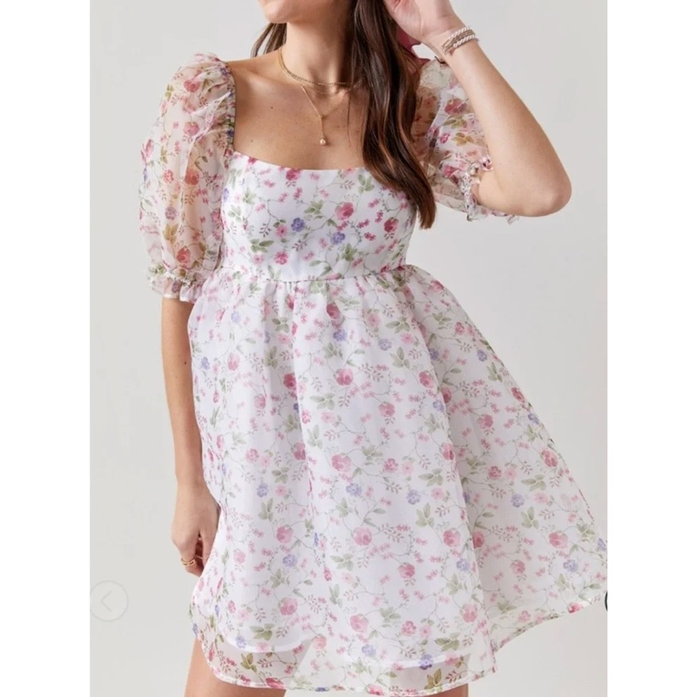 Audrey‎ Parks Francesca's Floral Puff Sleeve Organza Mini Babydoll Dress XS